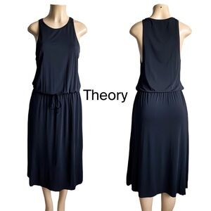 THEORY Black Midi Dress Waist Tie Tank Stretch USA LBD Slip Sleeveless Sundress